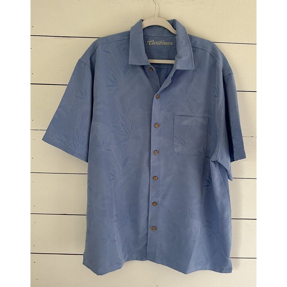 Caribbean Roundtree & Yorke Men's Shirt Blue Floral Embossed Cruise Beach XL